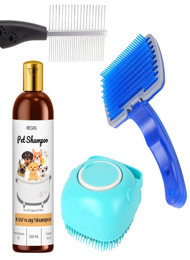 REGIIS Pet Grooming Kit with Anti-Itch Shampoo, Self-Cleaning Slicker Brush, Metal Comb, 200ml Lemongrass Formula for Dogs and Cats(4 PACK) - Image 1